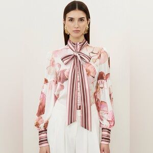 Karen Millen Floral Printed Tie Neck Bow Blouse Pink Sheer US 4
